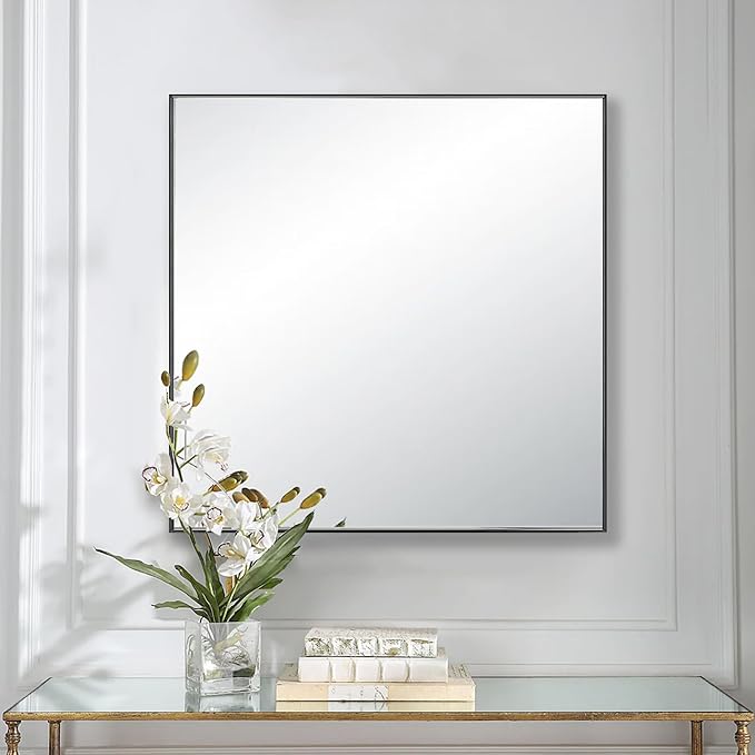 24x24 Inch Black Bathroom Mirror for Wall, Aluminum Frame Rectangle Rectangular Vanity Mirror, Modern Large for Bedroom, Living Room, Horizontal or Vertical