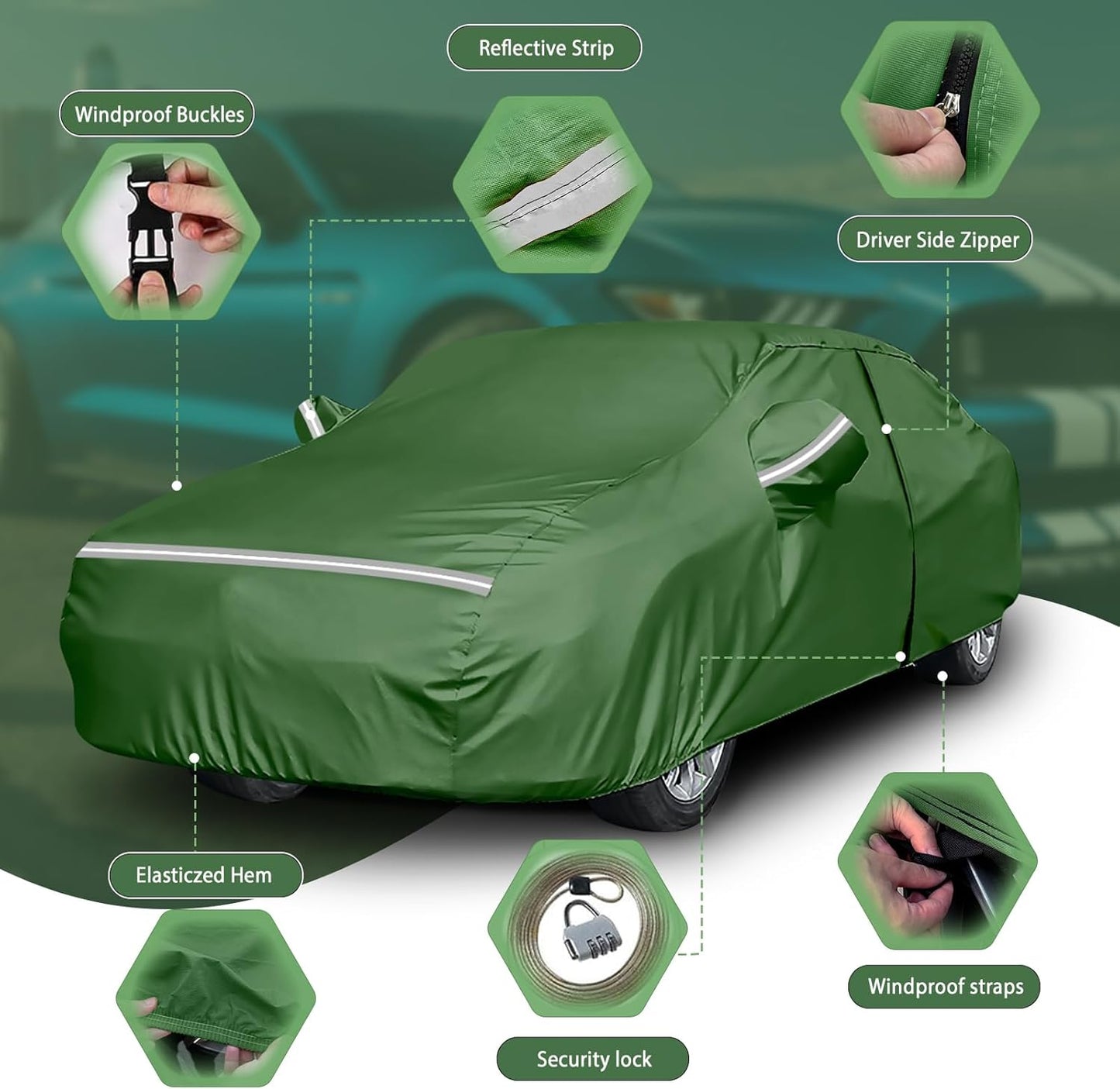 BOSSTONE Car Cover Custom Fit for Honda Accord 2007-2025, for Toyota Camry 1996-2025, Waterproof All Weather for Automobiles Full Exterior Cover Rain Sun Snow Protector with Door Zipper (Green)