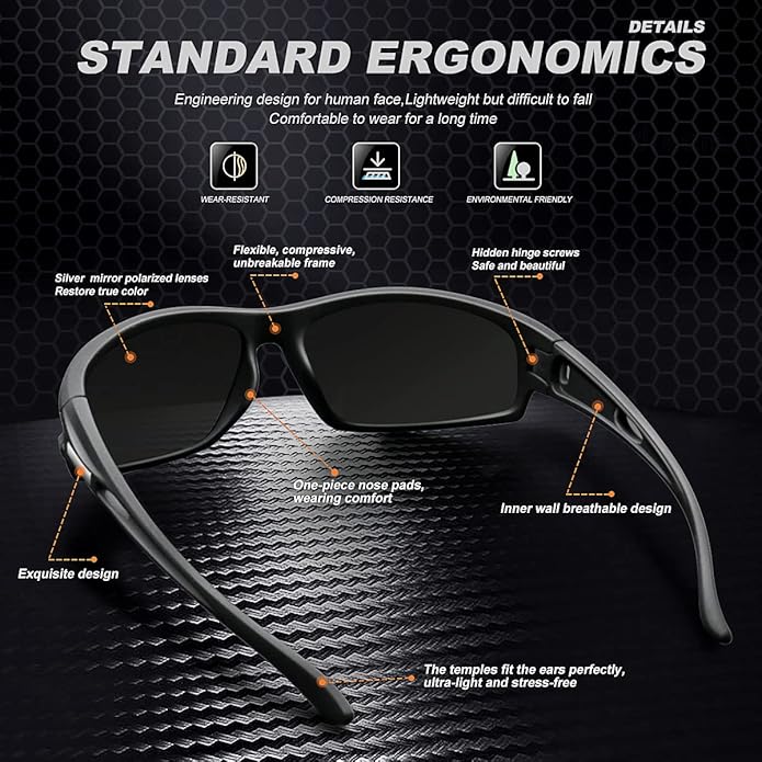 Polarized Sports Sunglasses for Men 100% UV Protection Wrap Around Unbreakable Sun Glasses for Fishing Driving