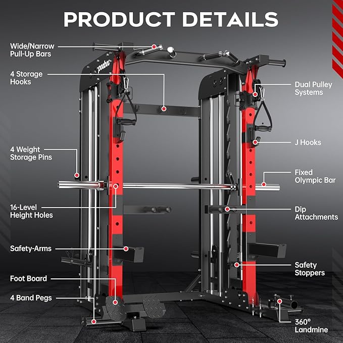 Pooboo Multi-Functional Machine Power Cage, 2000LB Squat Rack, LAT-Pull Down System, Dual Pulley Cable Crossover System, Home Gym Workout Machine with Strength Training Attachments