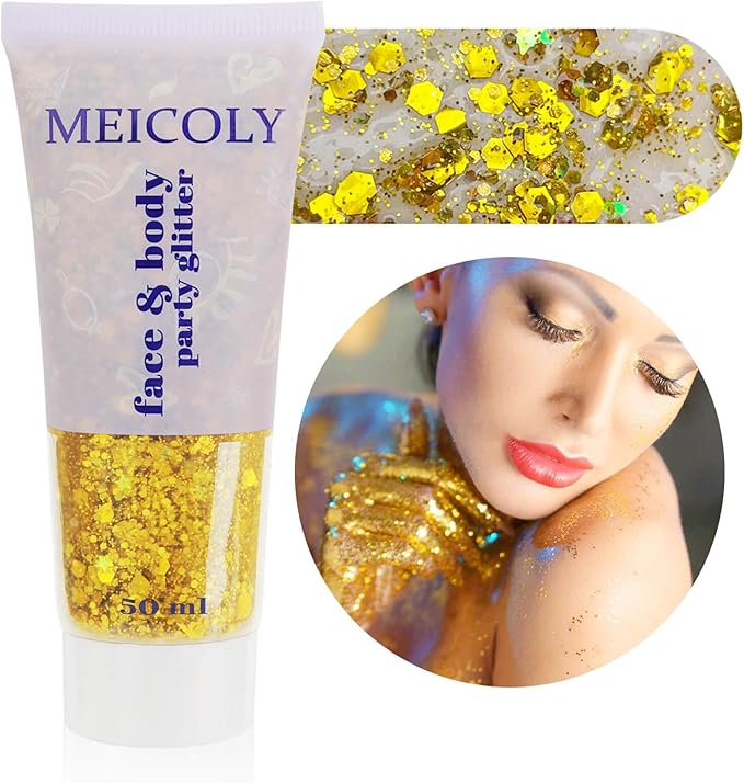 MEICOLY Gold Body Glitter,Yellow Face Glitter,Music Festival Outfits for Women,Hair Glitter Kids Sequins Makeup,Sparkle Face Body Glitter for Country Singer Concert,Mardi Gras Accessories