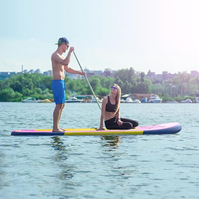 Inflatable Stand Up Paddle Board with SUP Accessories & Backpack. Paddle Boards for Adults. Non-Slip Deck, Wide Stance, Bottom Fin, Double Action Pump.