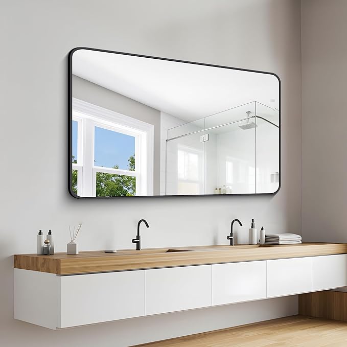 60" x 36"Bathroom Mirror, Matte Black Wall Mirror with Metal Frame, Decorative Rectangular Vanity Mirror for Bedroom Bathroom Living Room Entryway (Horizontal/Vertical)
