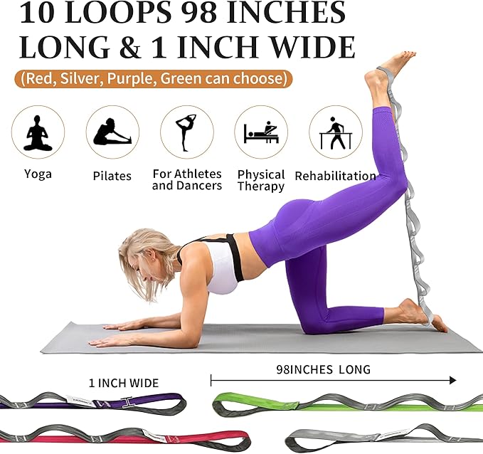 Stretching Strap Yoga Strap, 10 Loops Non-Elastic Stretch Bands Helps Women and Men Improve Flexibility for Home Workout, Physical Therapy, Pilates, Exercise, Dance, Comes with Door Anchor