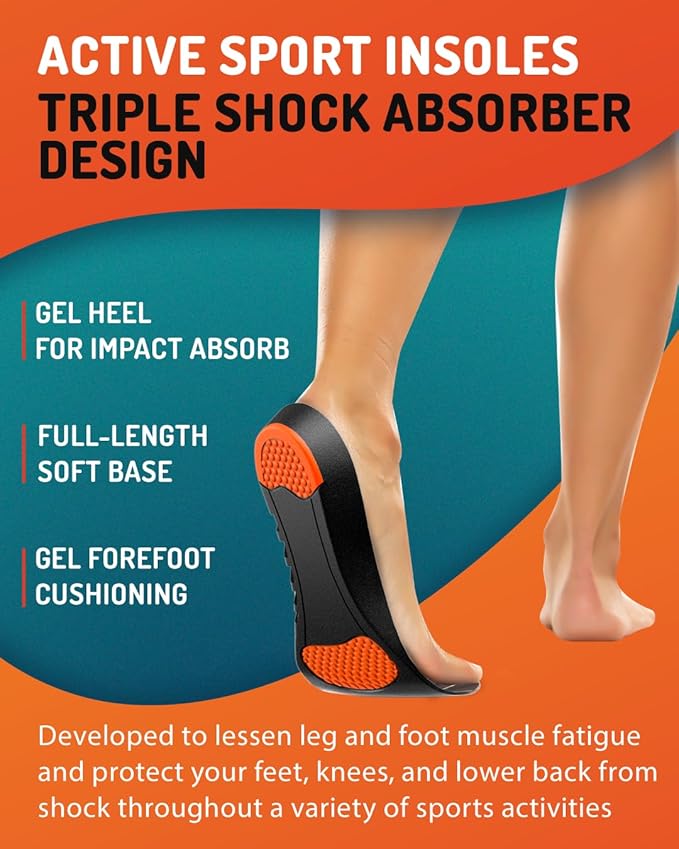 Sport Shock Absorbing Insoles - Athletic Shoe Cushioning Inserts for Men and Women - Ideal for Active Sports Running Training Hiking - Neutral Arch Good for Sneakers Shoes, S