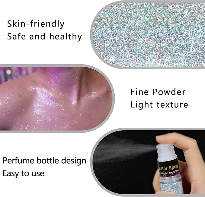 Hair and Body Glitter Spray, Holographic Glitter Highlighter Powder, Face Body Clothes Shiny Glitter, Loose Shimmer Hairspray Festival Rave Prom Accessories, 10g (07# Rainy-Rainbow)