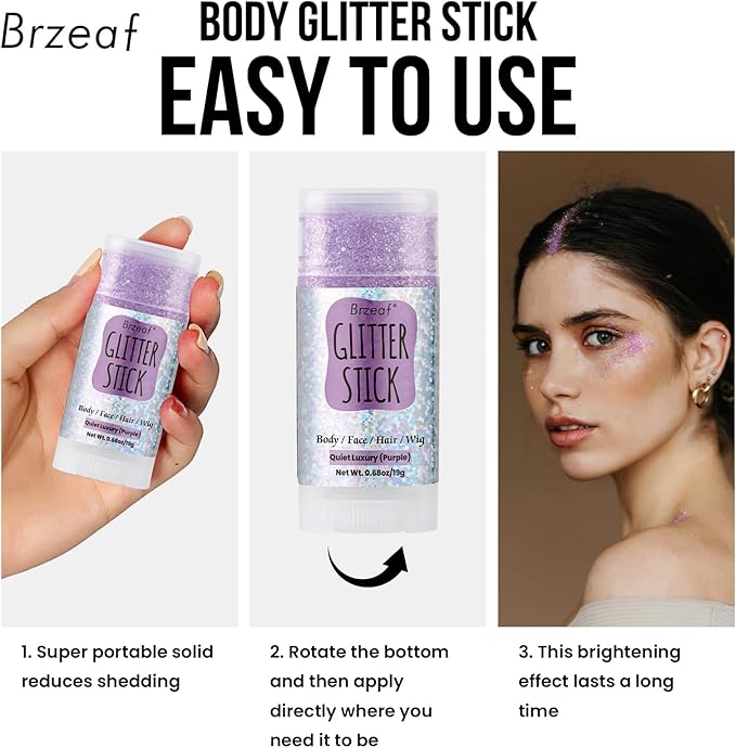 Brzeaf Waterproof Purple Glitter Stick, Shimmery&Not Greasy&Long Lasting, Chunky Glitter for Face/Body/Hair/Eyes, Singer Concert Music Rave Festival, Glitter Stick Makeup for Women Men