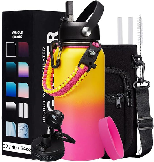 32/40/64oz Insulated Water Bottle with Paracord Handle, Sleeve Carry Strap, Straw Spout Lid, Wide Mouth Metal Canteen Sports Thermo Mug, Leak & Sweat Proof Cold Flask Jug for Camping Traveling