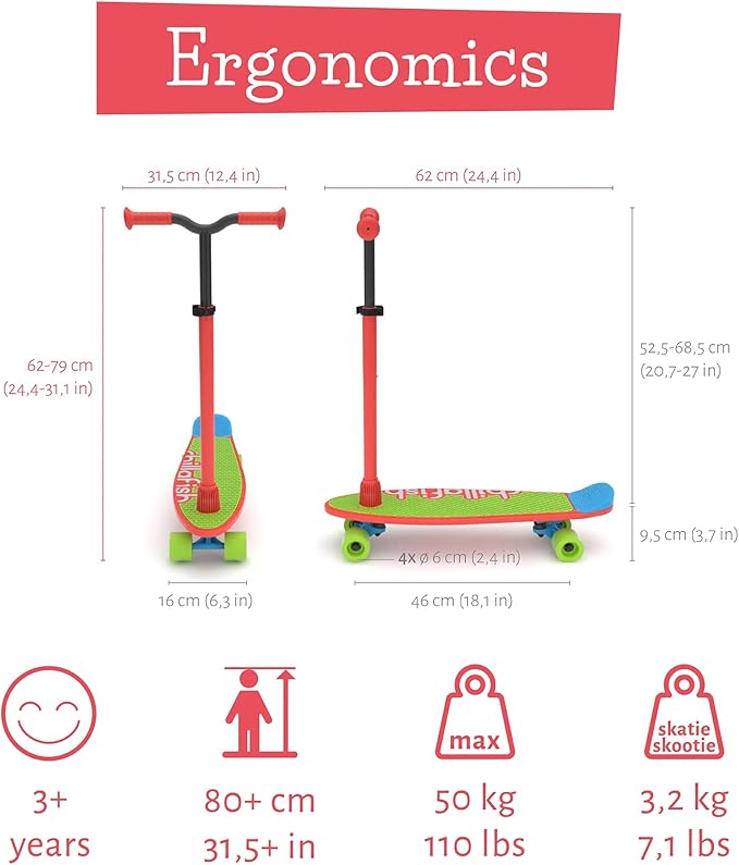 Chillafish Skatieskootie Customizable Training Skateboard and Lean-to-Steer Scooter with Detachable Stability Handlebar, Ages 3+