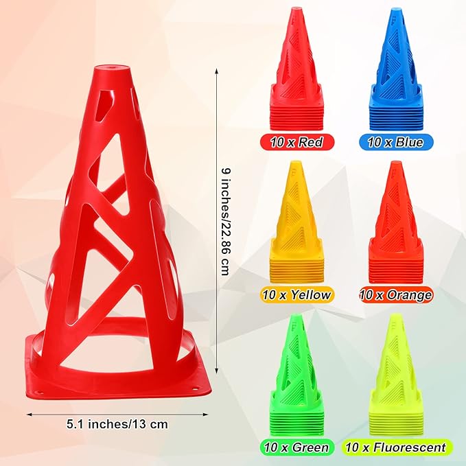 60 Pieces Plastic Agility Cones, 9 Inch Indoor Outdoor Training Sport Cone, Soccer Flexible Cone Sets Marker Cones for Kids Dogs Training, Party, Traffic, Drills, Basketball, Soccer, Assorted Colors
