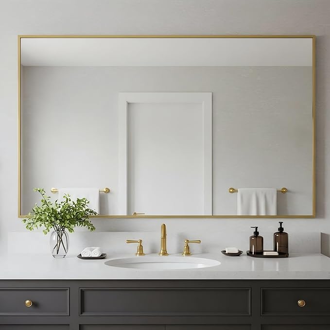24x40 Inch Brass Bathroom Mirror for Wall, Aluminum Frame Rectangle Rectangular Vanity Mirror, Modern Large for Bedroom, Living Room, Horizontal or Vertical
