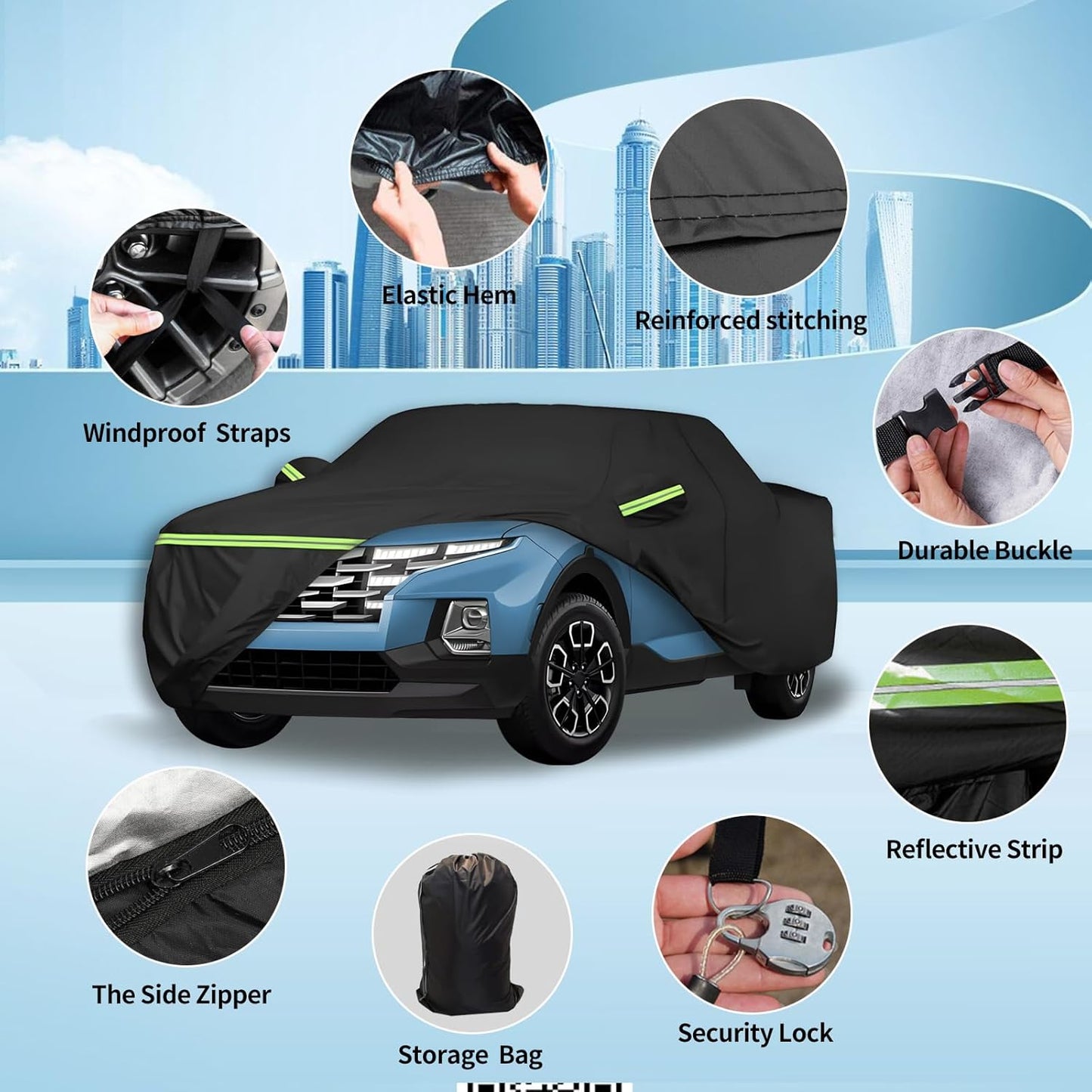 Waterproof Car Covers for 2021-2023 Hyundai Santa Cruz (Black) 210T Custom Outdoor Storm Hood