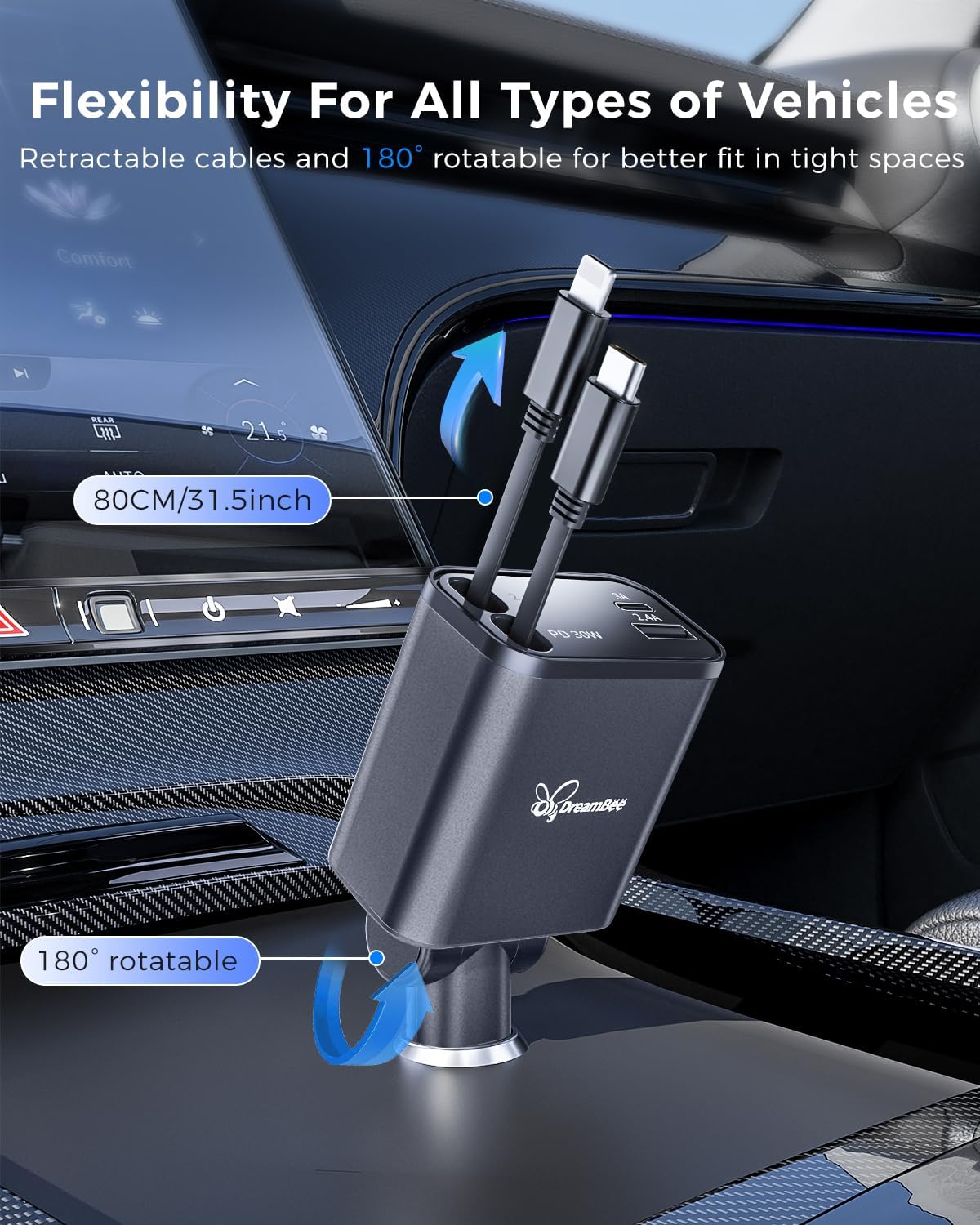 DreamBee Retractable Car Charger,custom-made modelRetractable Cables (31.5 inch) and 2 USB Ports Car Charger, PT-27