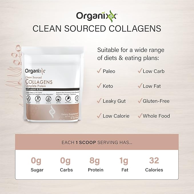Organixx Collagen Peptides Powder with Vitamin C, Types I, II, III, V, X Hydrolyzed Collagen, Hair, Nail, Skin, Bone & Joint Health, Aging Support, Clean Sourced, Gluten Free, Unflavored, 15 Servings