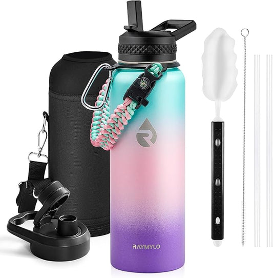 Insulated Water Bottle 40 oz, Triple Wall Vacuum Stainless Steel (Cold for 48 Hrs), Leak Proof & BPA-Free, Modern Water Flask Jug with Paracord Handle & Straw Spout Lids, Hydrangea