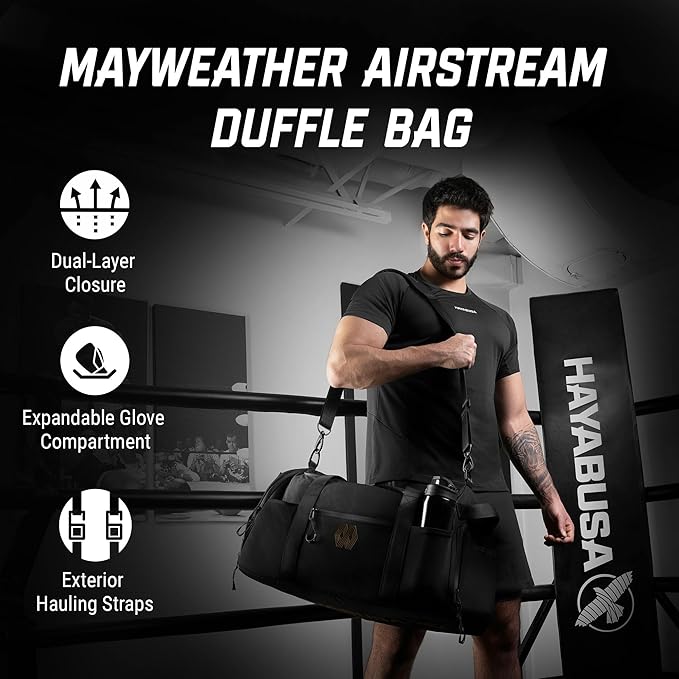 Hayabusa Mayweather Airstream Duffle Gym Bag for Women and Men - Black/Gold, 50L