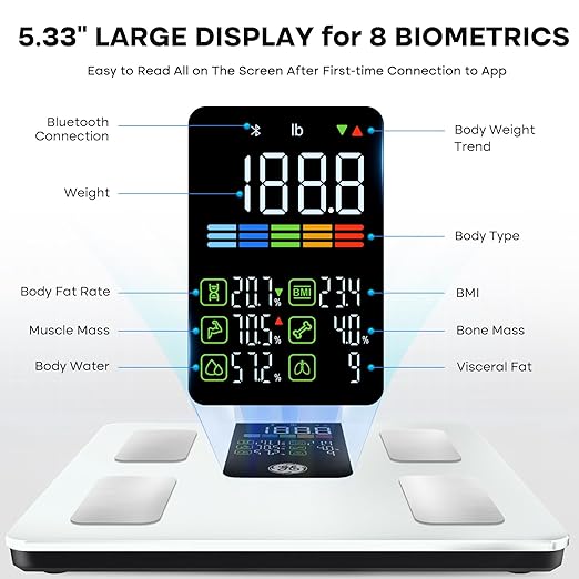 GE Scale for Body Weight Smart: Digital Bathroom Body Fat Scales for BMI Muscle Bluetooth Body Composition Monitor 11.8" Large Platform Accurate Weighing Machine Health Analyzer with App 500lbs, White