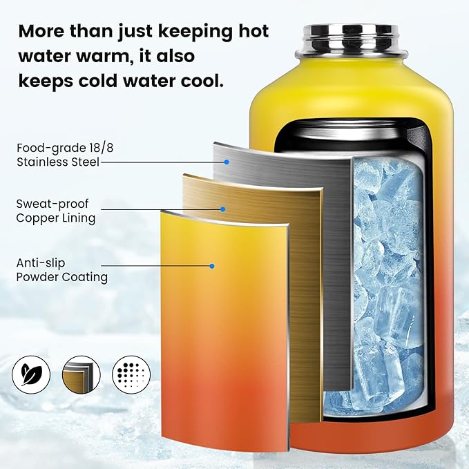 Insulated Water Bottle 64 oz, Triple Wall Vacuum Stainless Steel(Cold for 48 Hrs),Leak Proof & BPA-Free,Half Gallon Water Bottle with Reflective Paracord & Flip Straw for Sports & Travel, Sunset