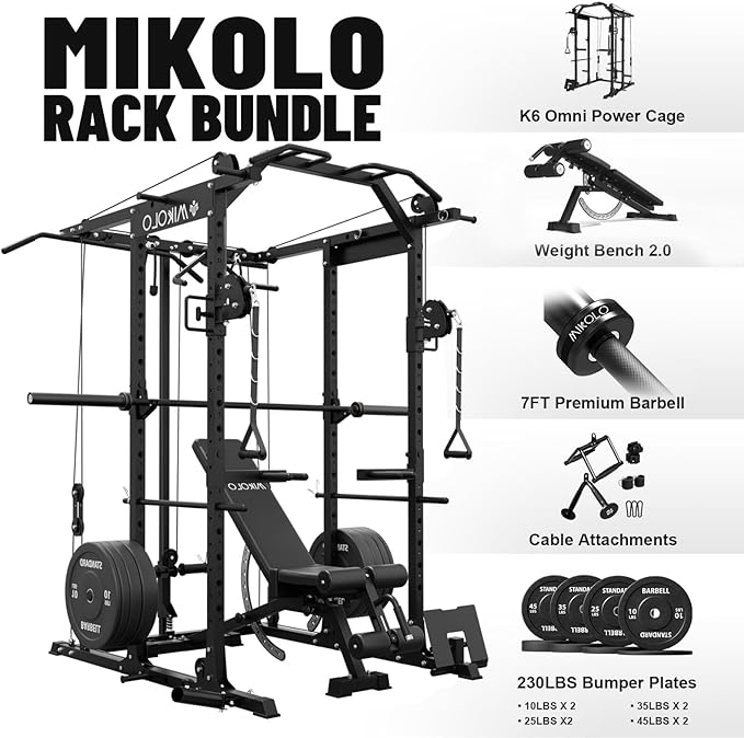 Mikolo Power Cage, Power Rack with Cable Crossover System, 1500LBS Squat Rack with LAT Pull Down System, Workout Cage with Pulley System for Fitness Home Gym