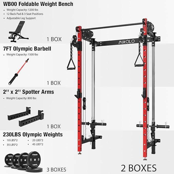 Mikolo Folding Squat Rack, Wall Mounted Power Rack with Cable Crossover Machine & LAT Pull Down, Functional Trainer with 5 Adjustable Function Modes, for Home Gym and Space Saving