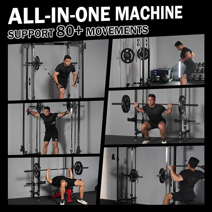 Mikolo Folding Squat Rack, Wall Mounted Power Rack with Cable Crossover Machine & LAT Pull Down, Functional Trainer with 5 Adjustable Function Modes, for Home Gym and Space Saving