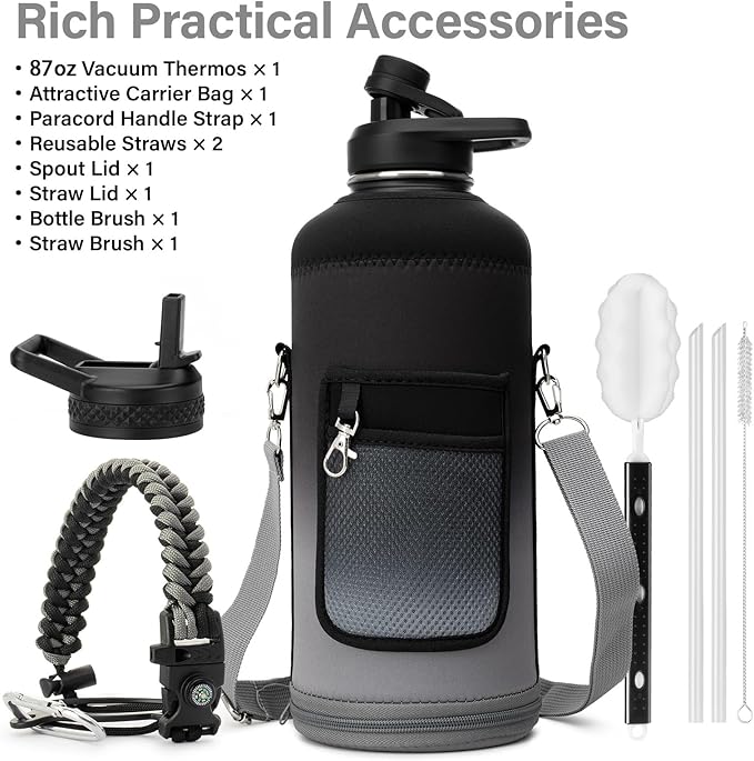 Insulated Water Bottle | Thickened Stainless Steel for Gym and Hiking with Straw, Carrier Bag, Handle Strap | BPA-Free 87 oz