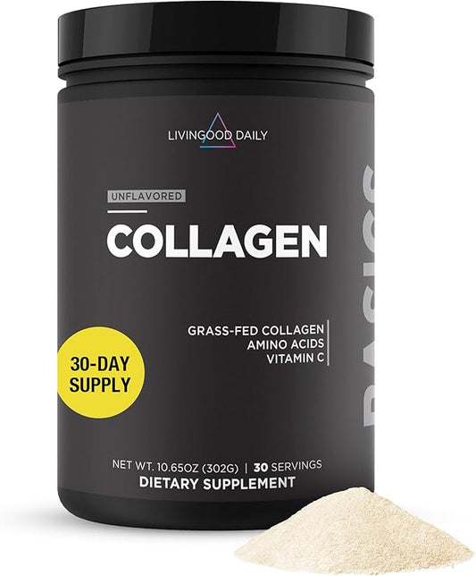 Livingood Daily Unflavored Collagen Powder for Women & Men, Hydrolyzed Collagen Peptides Powder with Vitamin C, Protein with 20 Amino Acids, Type I & III, Grass Fed, Keto, Paleo, Gluten Free, 30 Srvgs