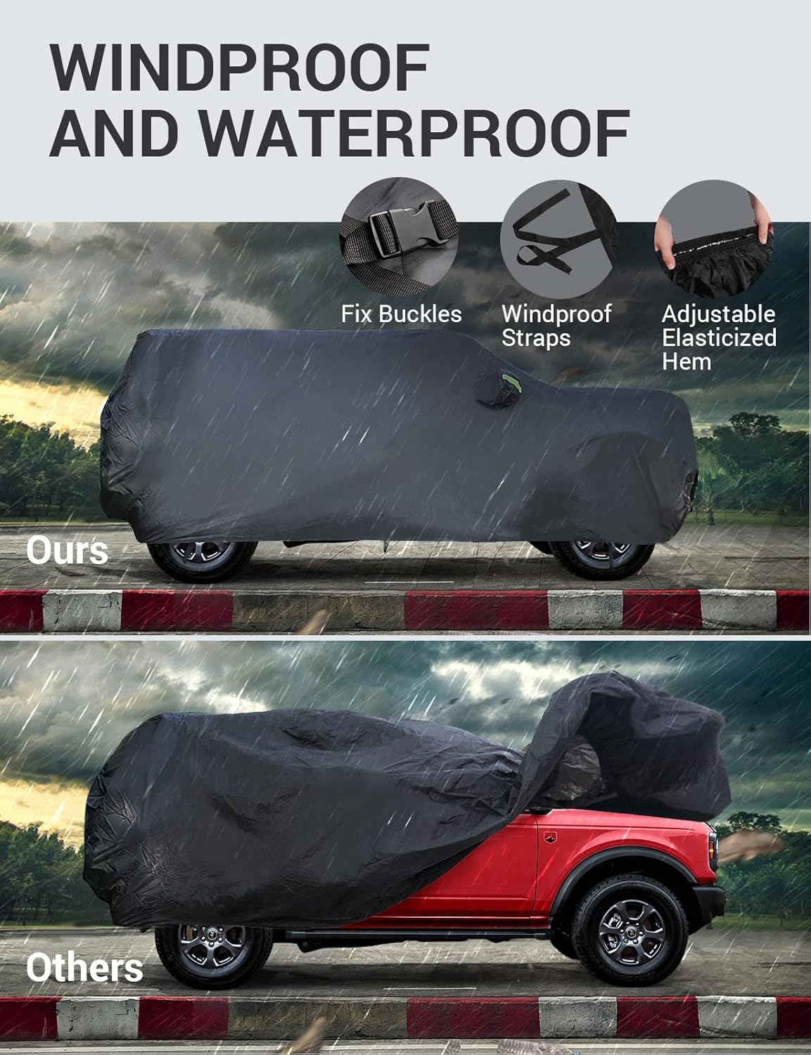 Proadsy 2025 Upgrade Car Cover Compatible with Ford Bronco 4 Door 2021-2024 2025 Windproof All Weather Waterproof Sun Rain UV Dust Snow Protection Outdoor Covers