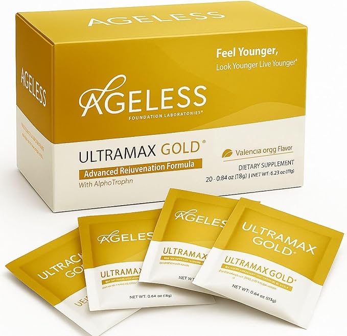 Ageless UltraMAX Gold - HGH Anti-Aging Supplement for Women & Men - Rejuvenates Skin, Restores Youthful Appearance, Boosts Energy & Sleep, Effervescent Powder - Valencia Orange Flavor - 22 Packets