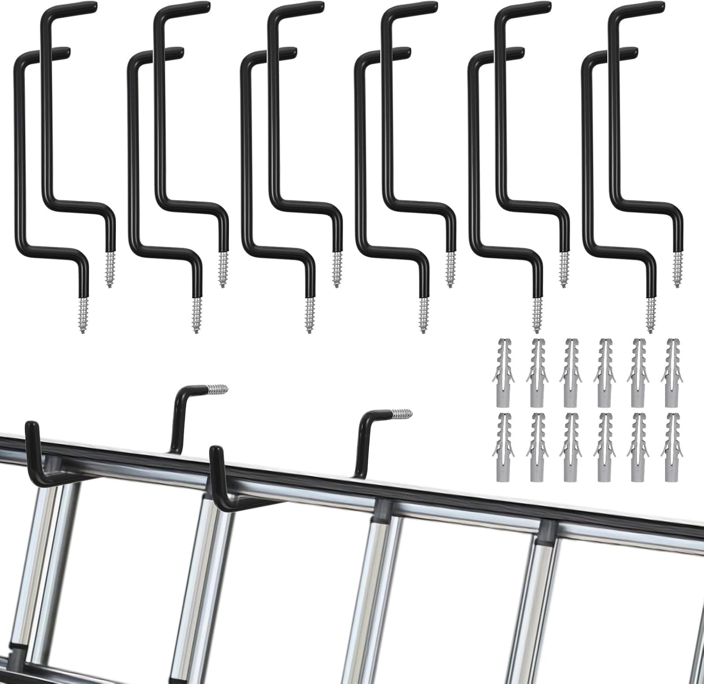 12 Pcs Heavy-Duty Black Ladder Hooks – Iron & PVC Wall Mount Storage Hangers for Bike, Ladder, Chair, Tools (75 lbs Capacity)