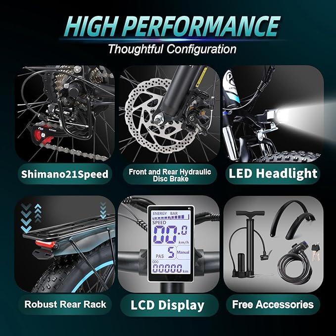 Peak 2000W Electric Bike for Adults 27 MPH 48V15Ah Removable Battery Max 40-80 Miles E Bike 26" Fat Tire Ebike Shamano 21-Speed All Terrain for Mountains Snow Sand Road