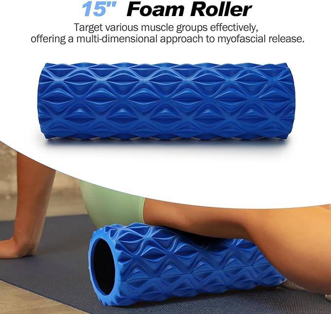 5 in 1 Foam Roller Set Trigger Point Foam Roller, Massage Roller Stick, Massage Ball, Stretching Strap for Deep Muscle Massage Pilates Yoga, Fitness Exercise for Whole Body (Blue Diamond)