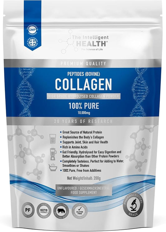The Intelligent Health Hydrolyzed Collagen Peptides Powder, Grass Fed, High Protein, Unflavored, Gluten-Free, Paleo & Keto Friendly, 10g per Serving (200g) Supports Skin, Hair, Nails, Joints, & Bones