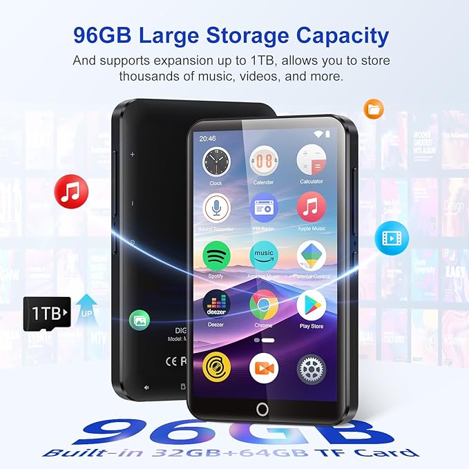96GB MP3 Player with Bluetooth and WiFi, 4.02" Touchscreen Android Mp4 Mp3 Player with Spotify, Audible, Amazon Music, Deezer, Portable Music Player with Built-in Speaker, FM Radio, E-Book
