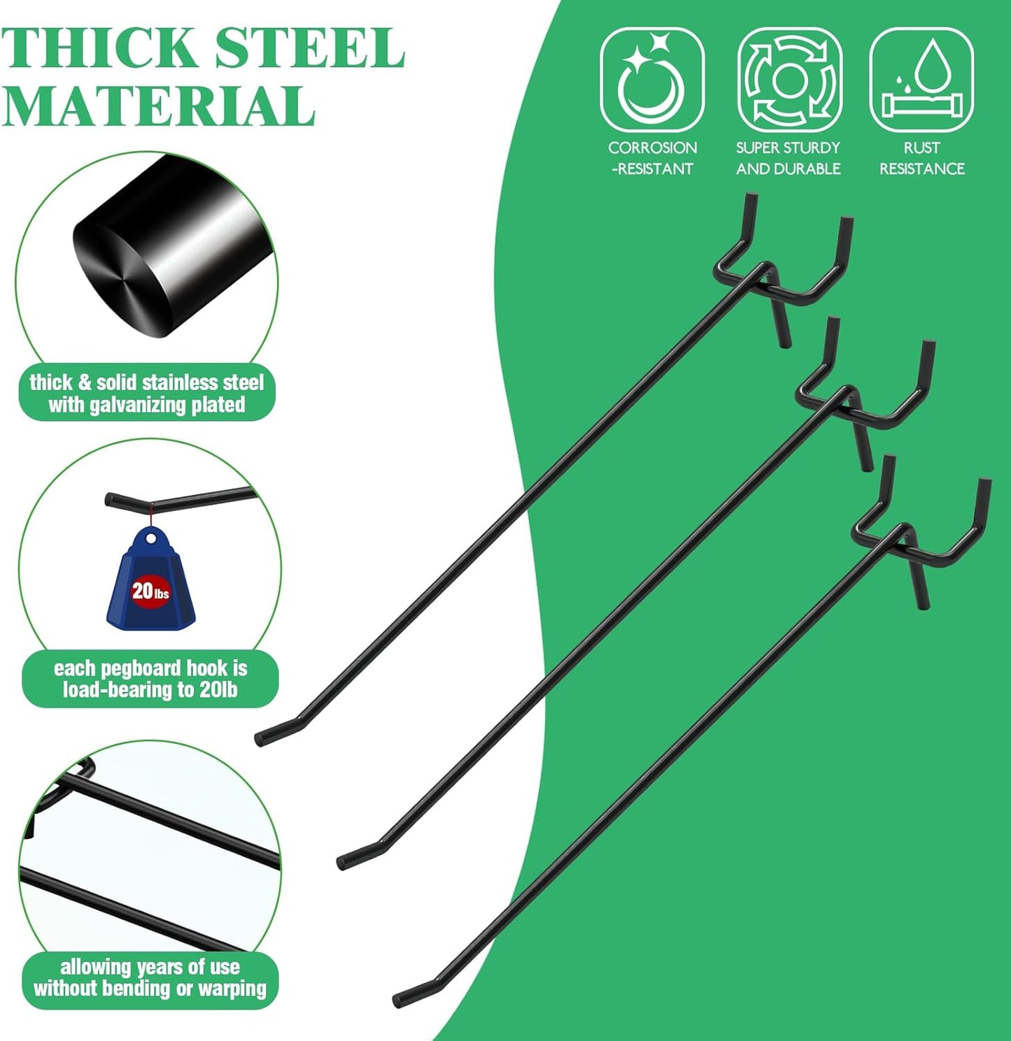 50Pcs 8"/20CM Pegboard Hooks Assortment Set, Metal Peg Board Hooks with 2.5mm Hole Pitch 4mm Wire Diameter Slatwall Hanging Hook for Garage Organization Wall Hanging (Black)