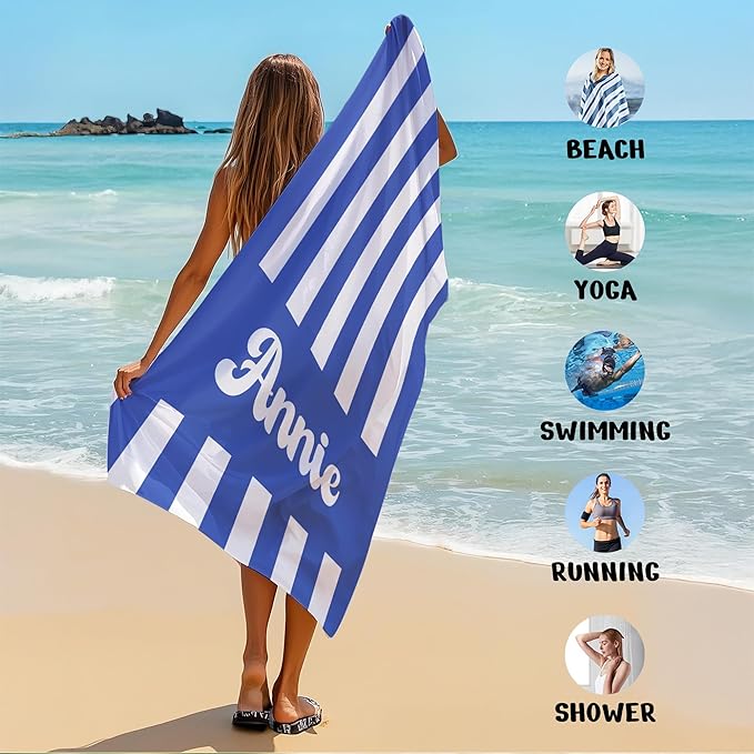 JML Personalized Beach Towel with Name, Custom Cabana Stripe Beach Towel, Customized Microfiber Pool Towel, Quick Dry & Absorbent Swim Towel for Adult,Mother's Day, Birthday, Summer Holiday,Vacation