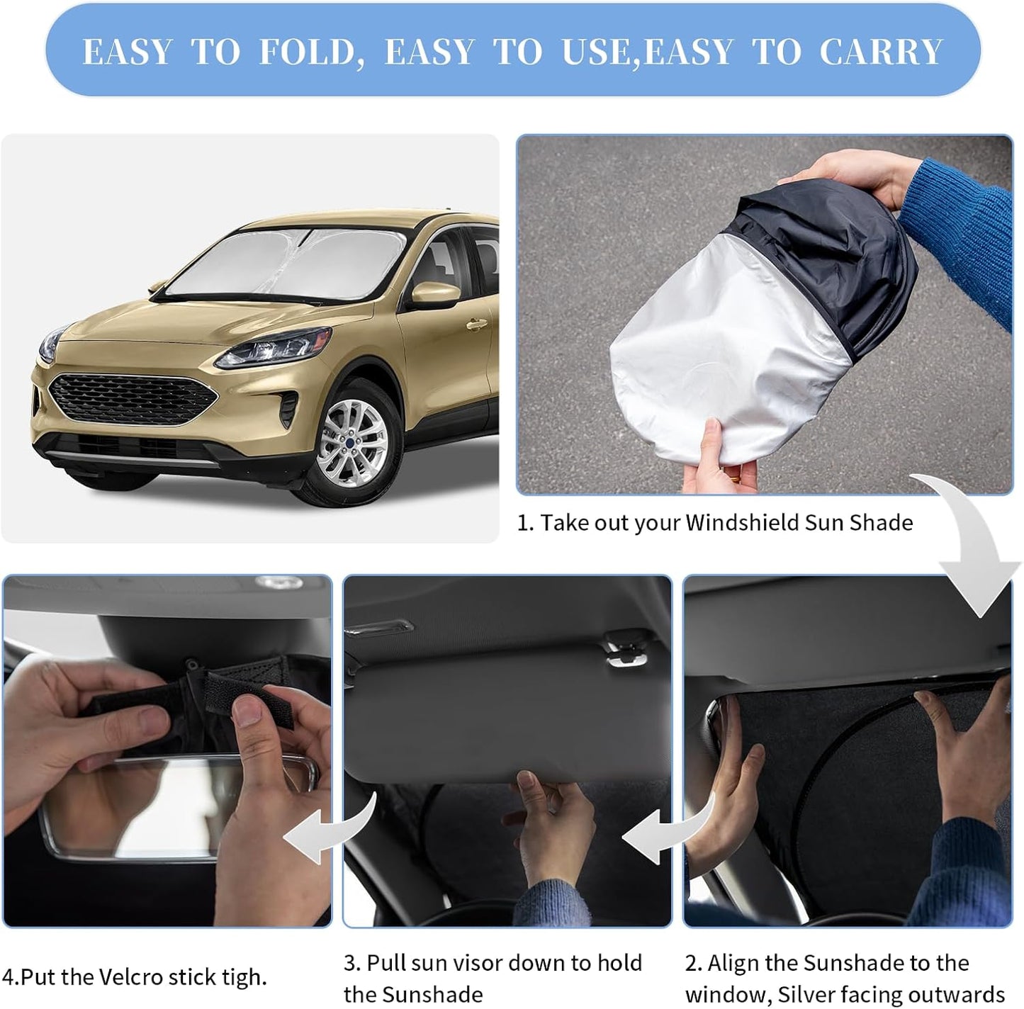 for Ford Escape 2020-2025 Sun Shade Sunshade Windshield Cover, 4-Layer Front Window Shade Custom Fit Escape S SE SE Sport Hybrid SEL Titanium Sun Visor 240T Shade Blocks UV Rays Car Accessories