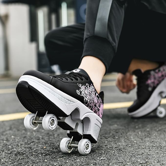 Roller Skate Shoes for Women Four Rounds Children's Roller Skates Shoes That Turn into Rollerskates Sneakers Outdoor Light Shoes with Wheels for Girls/Boys