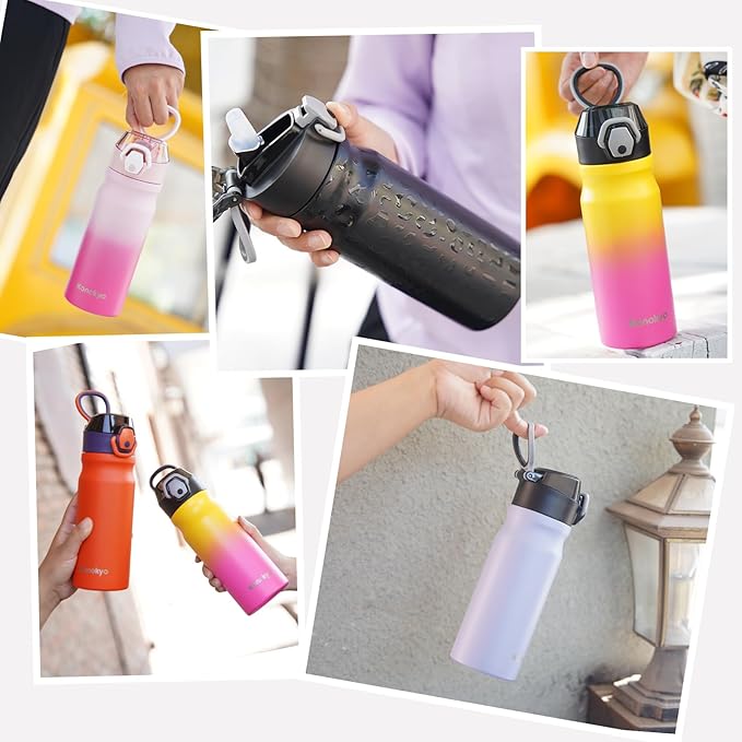 Insulated Water Bottle with Straw and Carry Loop,18 oz Stainless Steel Double Wall Vaccum Metal Water Flask with Leak-proof Lid,Sky