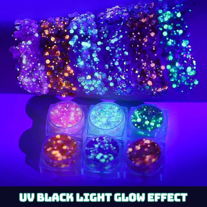 Teenitor 6 Colors Body Glitter Face Glitter, Glow in The Dark Glitter Gel, Glow in The Dark Face Paint for UV Black Light Concerts Party Rave Accessories