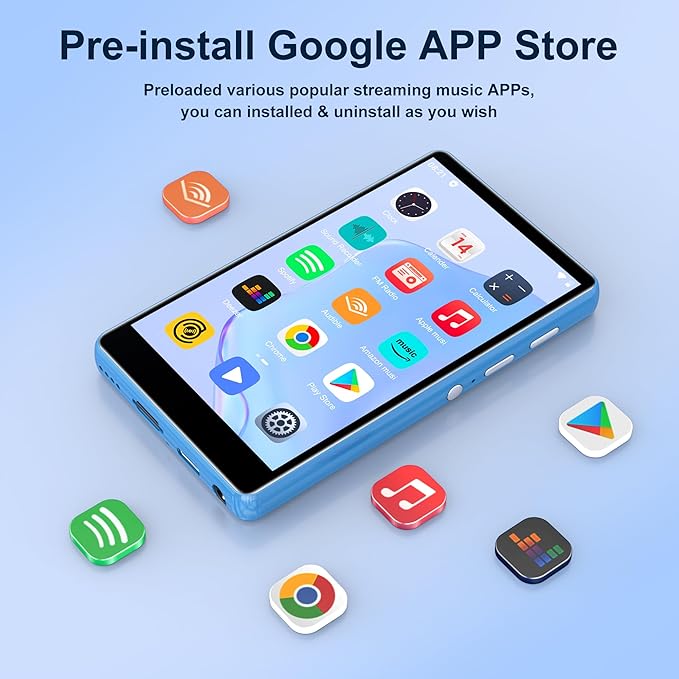 80GB MP3 Player with Bluetooth and WiFi,4-inch Touch Screen MP3 Player with Bluetooth, Spotify, Amazon Music, Audible, Spotify Kids, Pandora, M503Pro Andriod MP4 & MP3 Music Player up to 1TB Blue