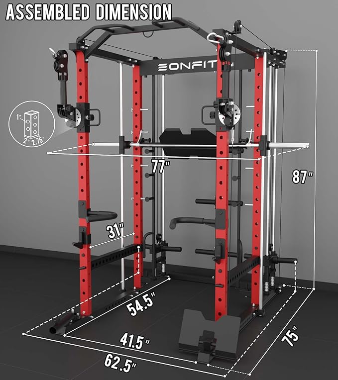Eonfit E5 Smith Machine with Vertical Leg Press, Power Cage Squat Rack with LAT-Pull Down Cable Crossover Rotating Arms System Home Gym Equipment All in One (E5 RED)