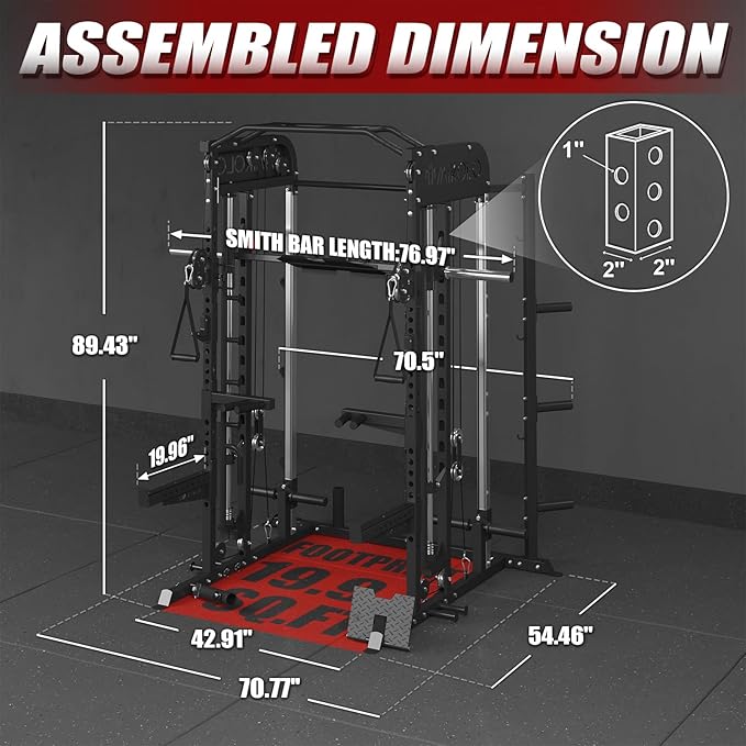Mikolo Smith Machine, Multi-Function Power Cage with Dual Pulley System, Vertical Leg Press Attachment, Squat Rack Power Rack with More Training Attachment for Home Gym