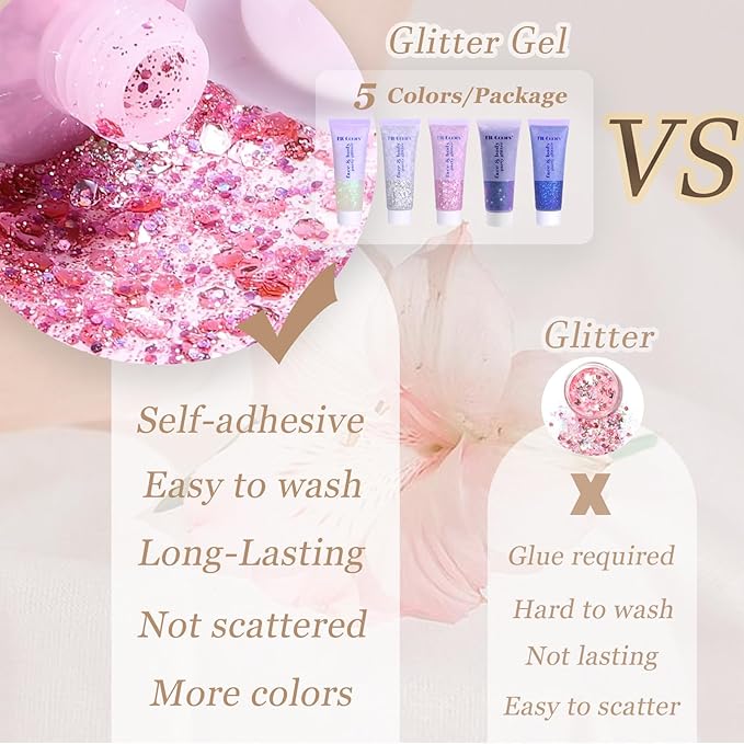Face Body Glitter, Hair Glitter Sparkles Chunky Face Glitter Gel for Girls Makeup Singer Concerts Mermaid Festival Sequins Face Paint (White+Silver+Pink+Blue+Purple)