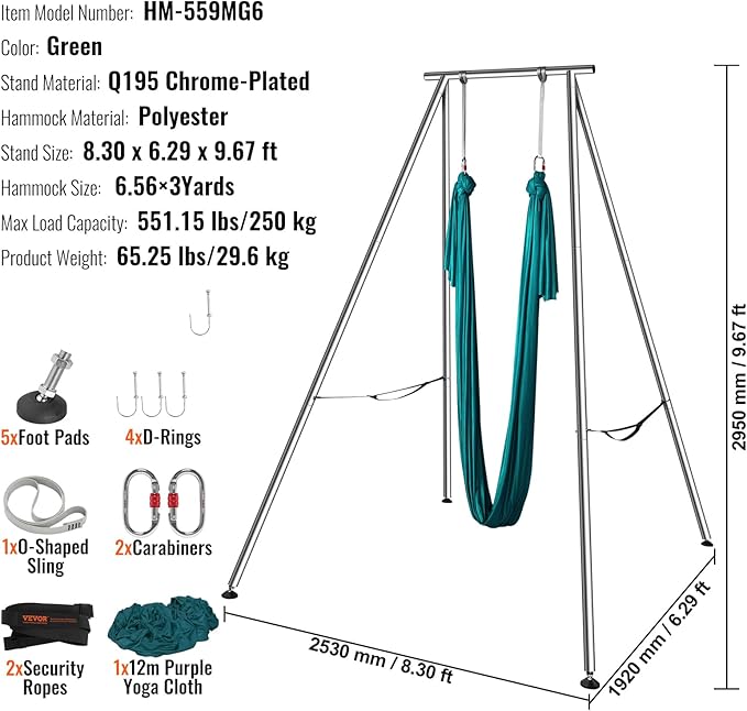 VEVOR Aerial Yoga Frame, 9.67 ft Height Swing Stand, Max 551.15 lbs Load Chrome-Plated Steel Pipe Inversion Yoga Rig for Indoor Outdoor Use
