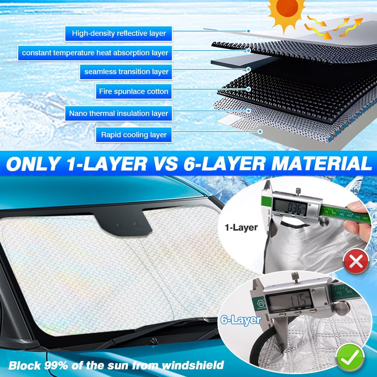 Windshield Sun Shade for 2024-2025 2026 Hyundai Kona Accessories Thicken 6-Layer Front Window Sunshade Cover Sun Visor Protector Foldable Block UV Rays Keep Vehicle Cool