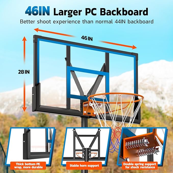 46" 10FT Basketball Hoop Outdoor - Portable Basketball Goal Adjustable Hoops & Goals with Solid Steel Rim & Extra-Large Base for Kids/Youth/Teens/Adults Outdoor
