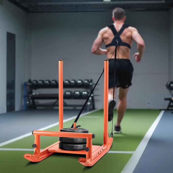 VEVOR Weight Sled, Steel Power Sled, Fitness Strength Training Sleds for Athletic Exercise Speed Improvement, Workout Fitness Equipment with Handle, Compatible with 1/2 in Weight Plates, Orange