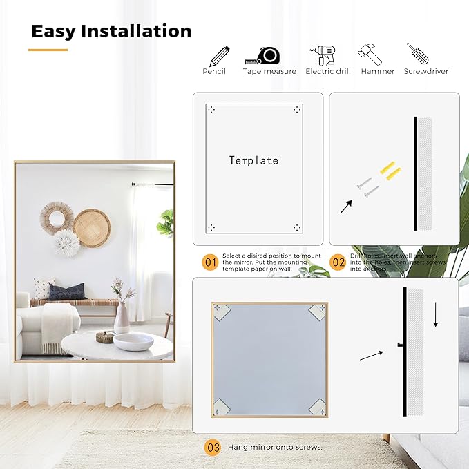 30x30 Inch Orange Gold Bathroom Mirror for Wall, Aluminum Frame Rectangle Rectangular Vanity Mirror, Modern Large for Bedroom, Living Room, Horizontal or Vertical