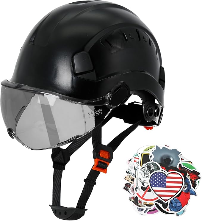 Aolamegs Construction Hard Hats for Adults - Hard Hats Construction OSHA Approved with Smoke Visor for Men Women, ANSI Z89.1 Vented Safety Helmet, Hard Hat with Chin Strap,6 Point Suspension （Black